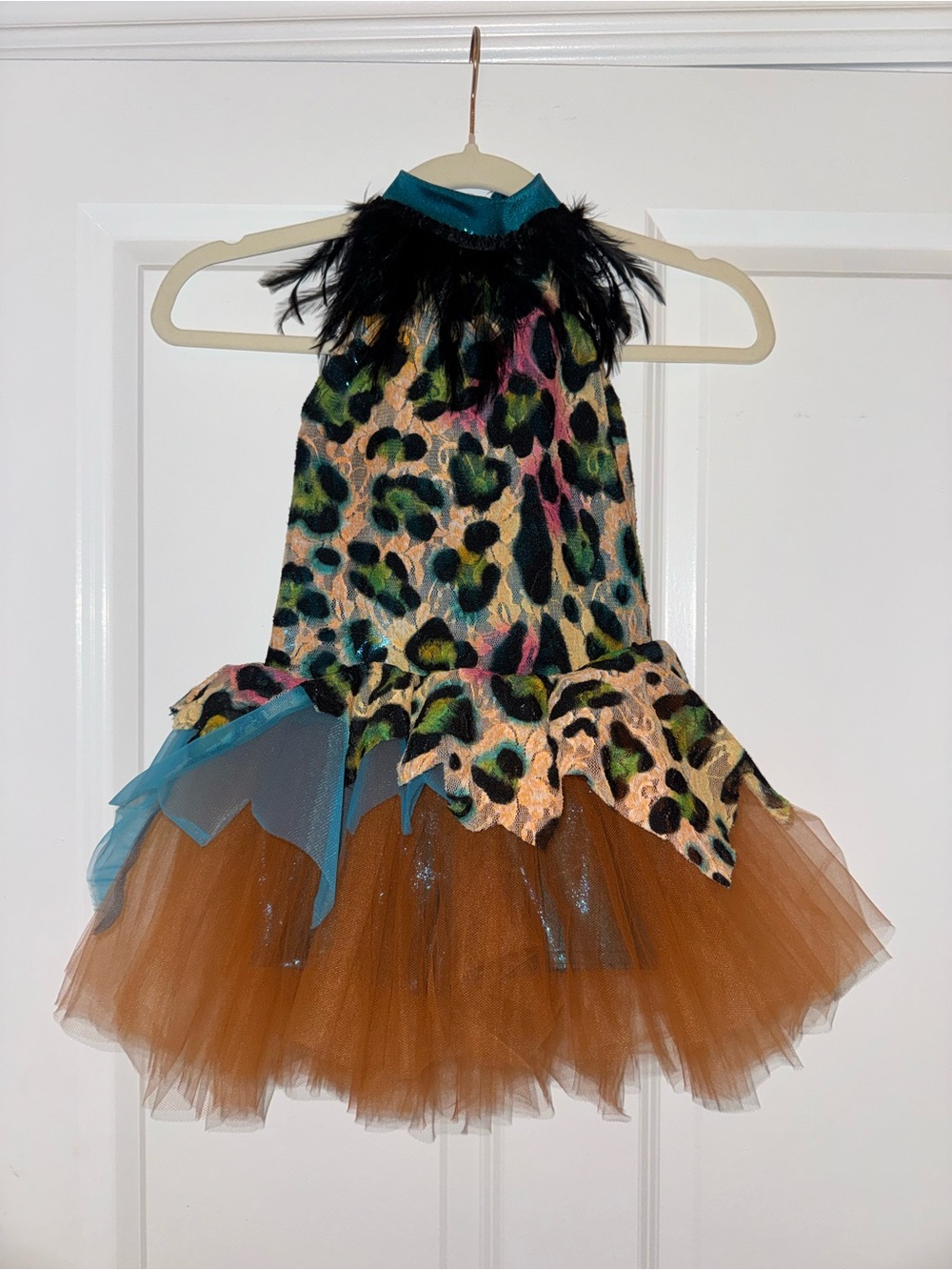 Girls' Multicolor Leopard Tulle Halter Dress with Feather Trim